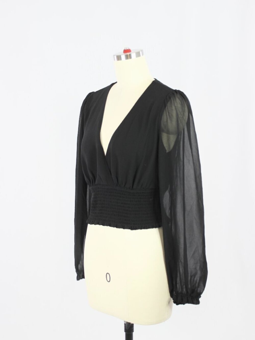 Aritzia WILFRED Wistful Black Chiffon Smocked Puff Sleeve V-Neck Blouse, Size S - Picture 4 of 14